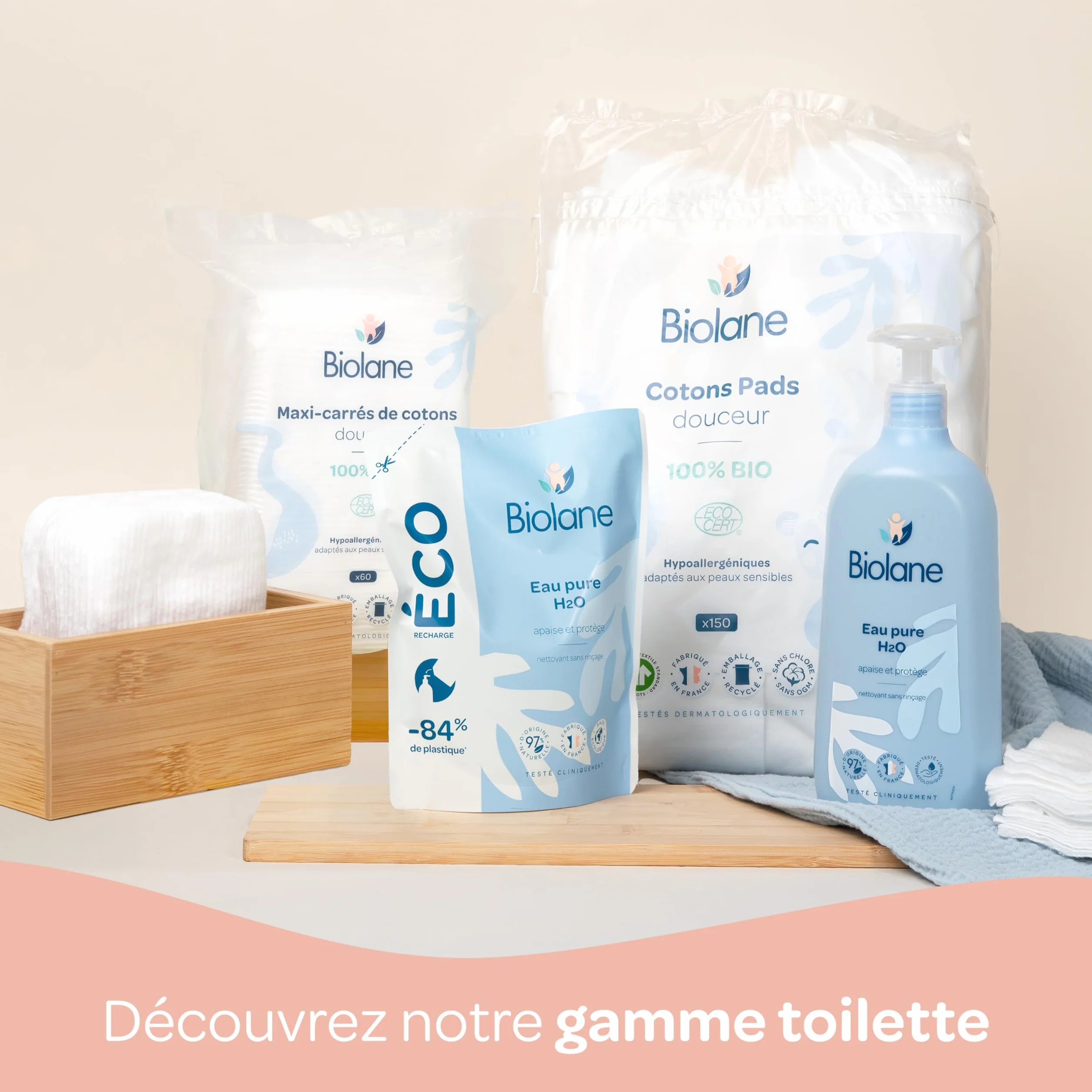 BIOLANE Lot de 12 Maxi-Carrés de cotons 100% Bio 720 Cotons Peaux sensibles Change & Toilette