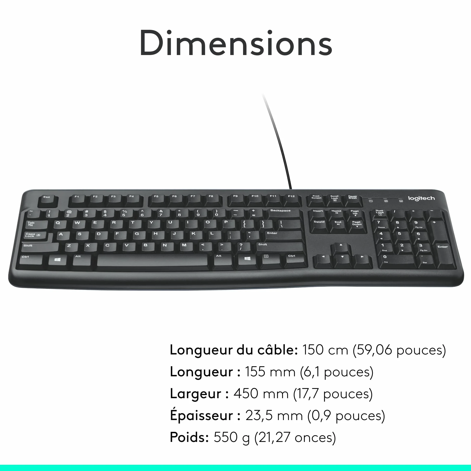 Logitech K120 Clavier Filaire USB AZERTY Noir Résistant Eclaboussures
