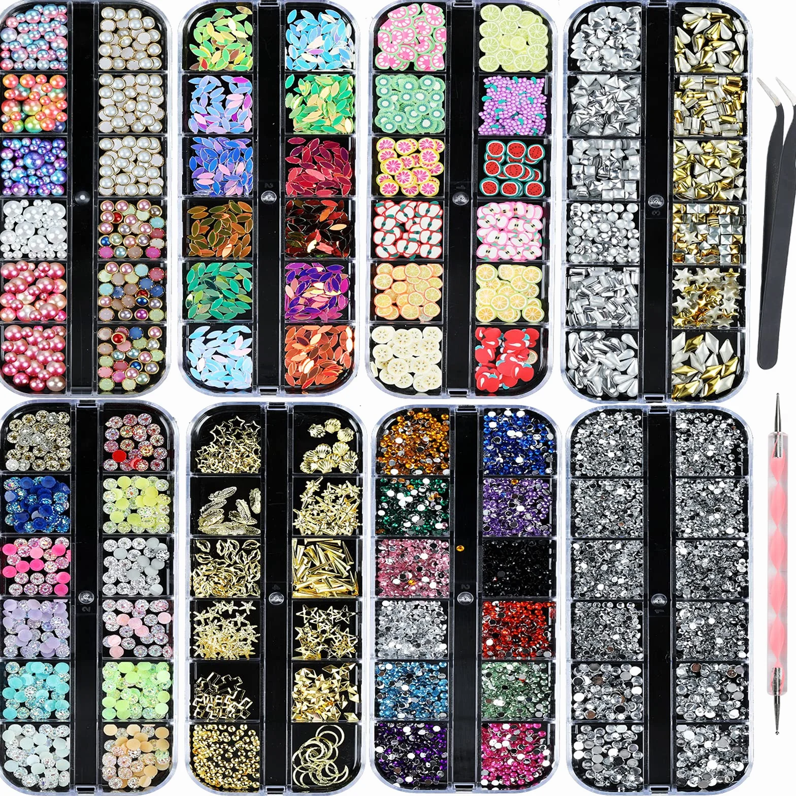 Kit de Strass pour Ongles 8 Boîtes Décorations 3D Cristaux Diamants Paillettes avec Pince à Épiler