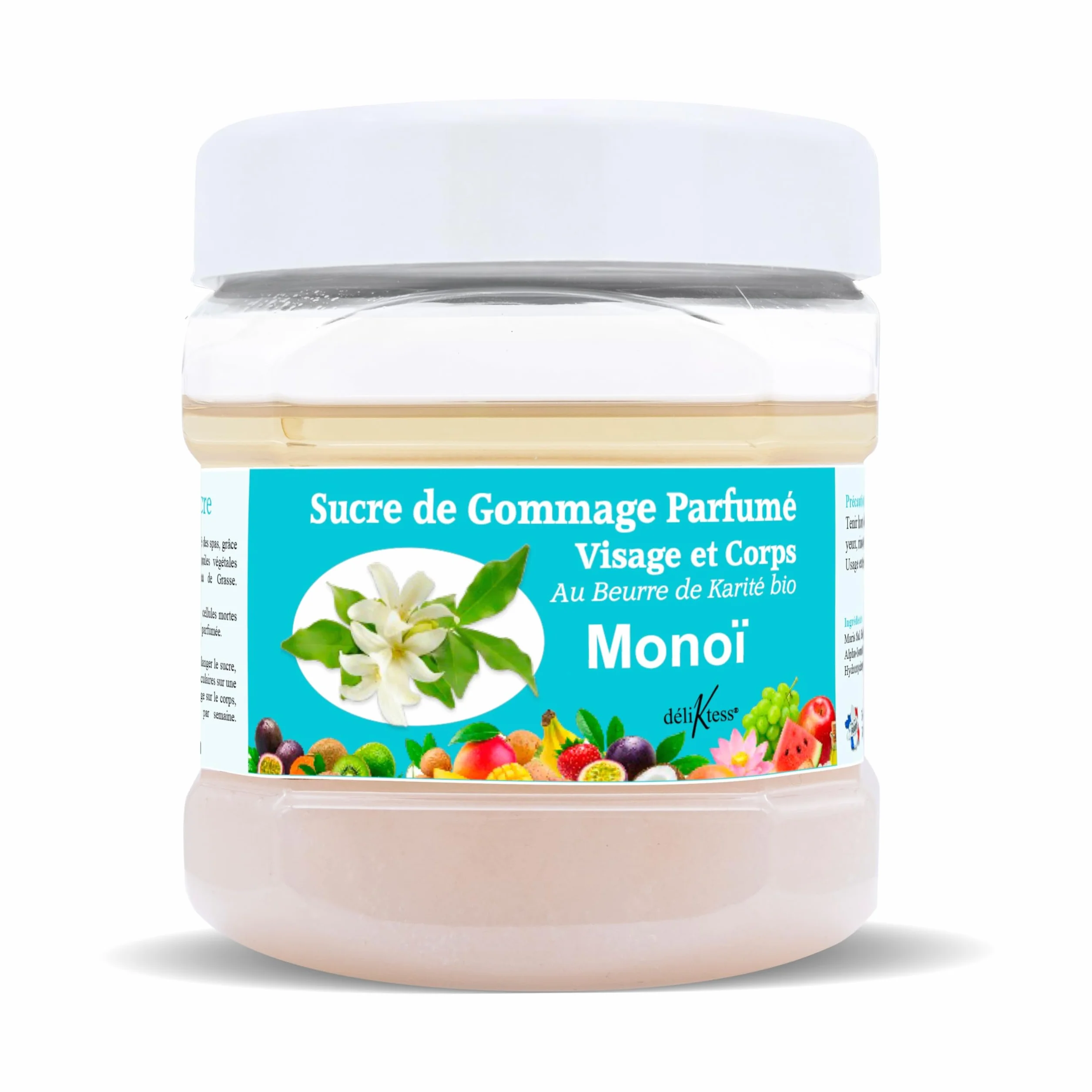 Sucre de Gommage Visage et Corps 600g deliktess® Exfoliant au Sucre Naturel & Beurre de Karité Bio – Body Scrub Hydratant Spa – 18 Parfums au choix (Monoï)