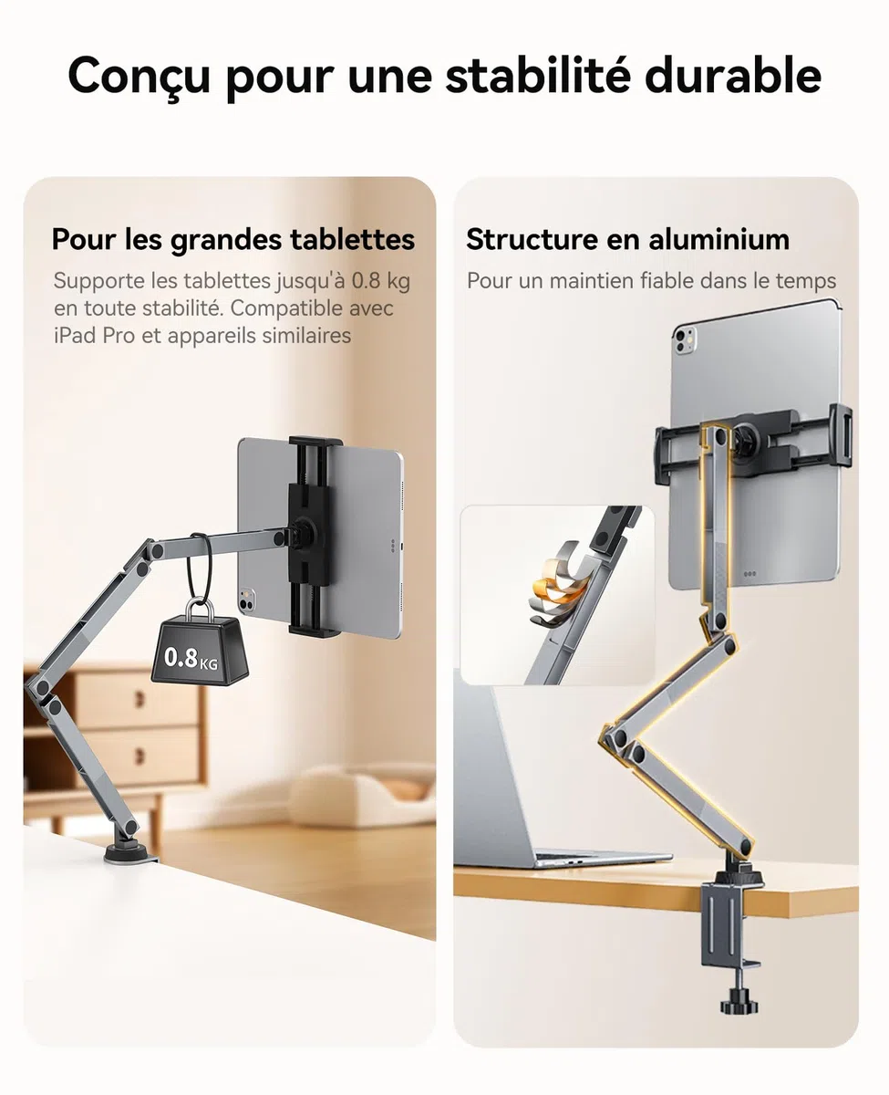 ORICO Support Tablette avec hub USB intégré, Bras réglable en Aluminium pour iPad Pro/Air/Mini, Galaxy Tab et tablettes jusqu'à 12,9", télétravail & création de Contenu – RA1-3P, Gris