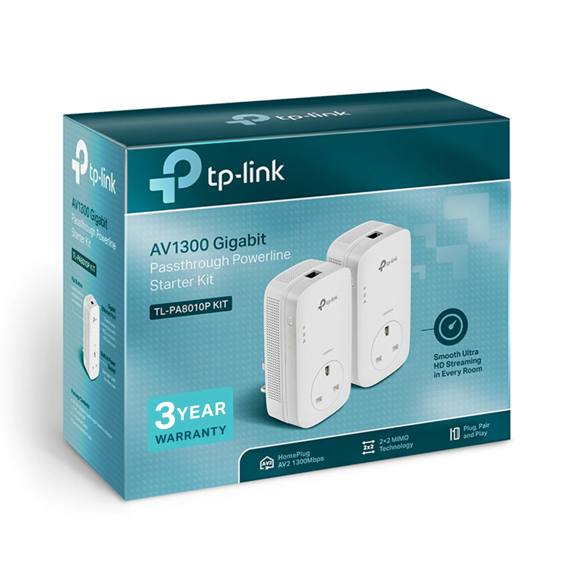 TP-Link 1-Port Gigabit Passthrough Powerline Starter Kit, Data Transfer Speed Up to 1300 Mbps, Ideal for HD Video Streaming and Online Gaming, No Configuration Required, UK Plug (TL-PA8010PKIT)
