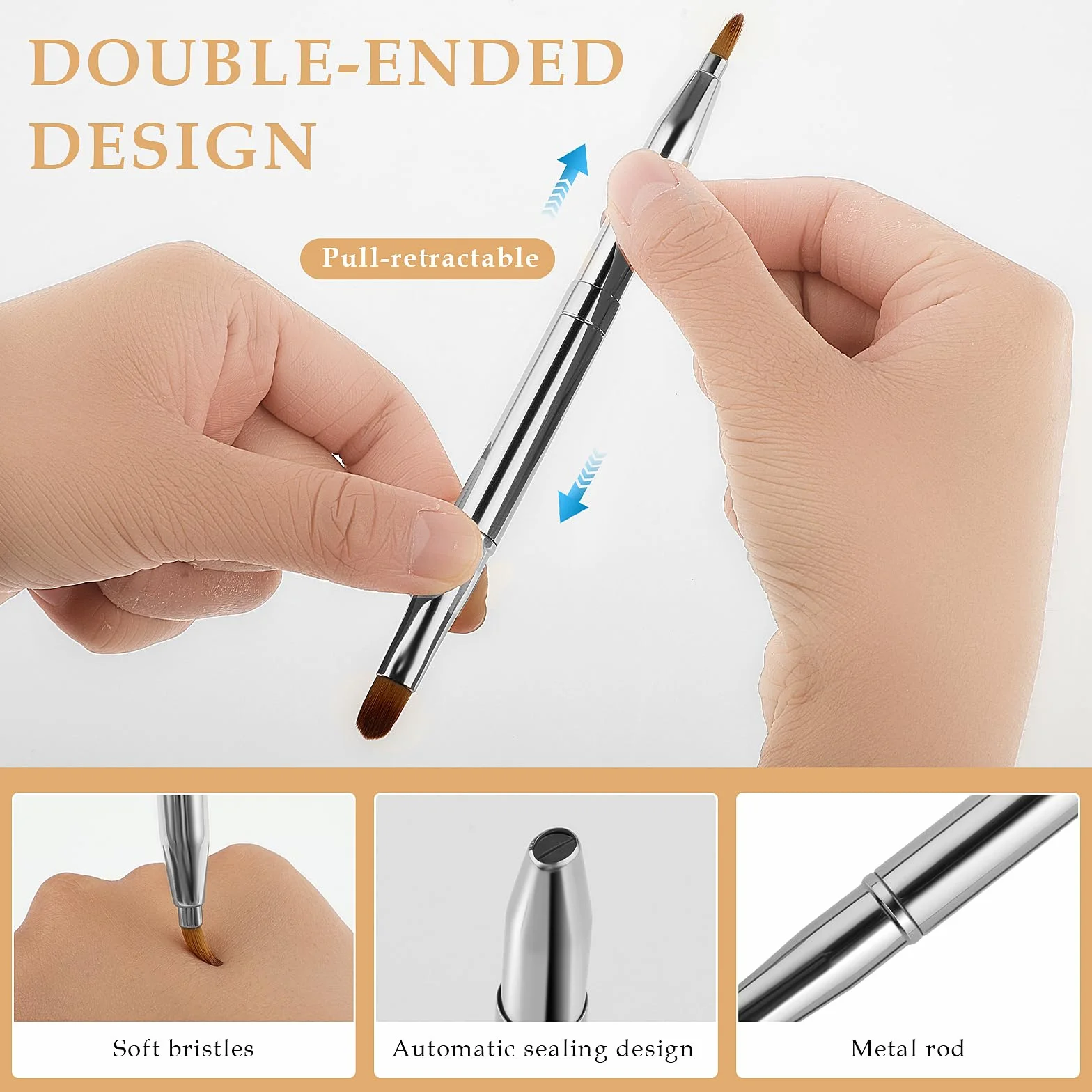 Pinceau de maquillage rétractable double extrémité portable pour rouge à lèvres, anti-cernes, contour des lèvres (argent)