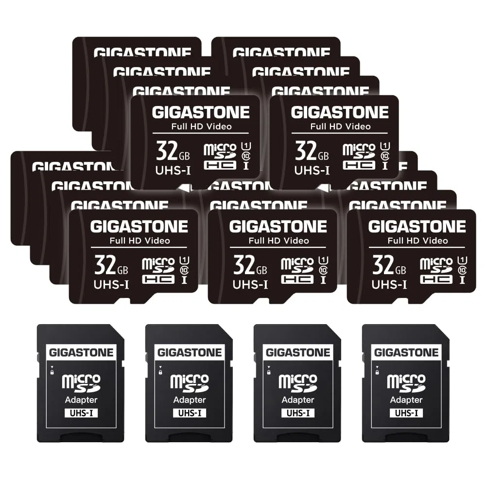 GIGASTONE Carte Mémoire 32 Go Lot de 20 Cartes, Full HD Video, Compatible avec Surveillance Caméra de sécurité, Caméra d'action, Drone, Haute Vitesse jusqu'à 90 Mo/s, Class10 MicroSDHC avec Adaptateur