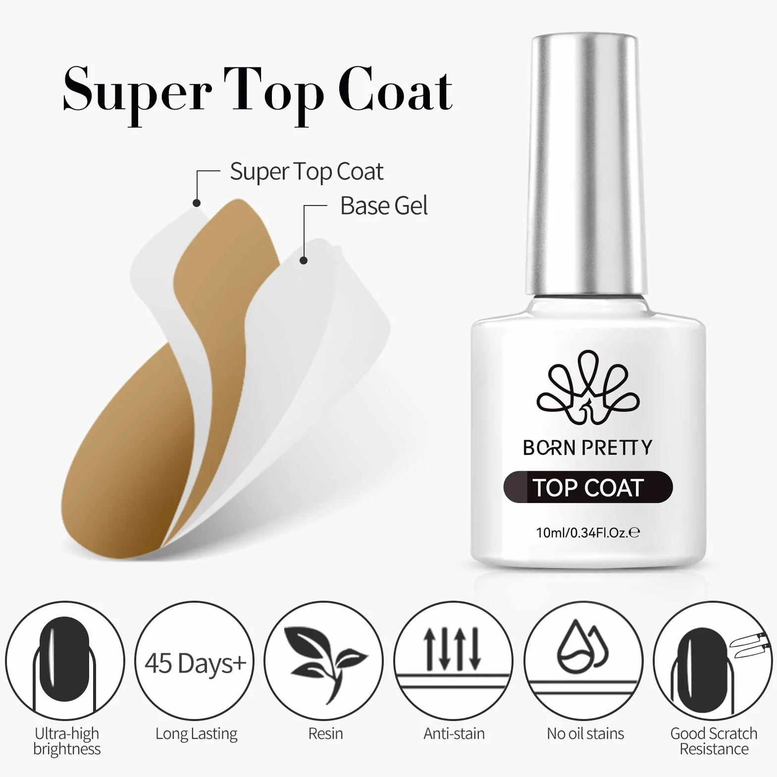 BORN PRETTY Top Coat Vernis Semi Permanent Base et Top Coat Ongles Gel Longue Tenue 2 x 10ml Lampe UV LED Nécessaire