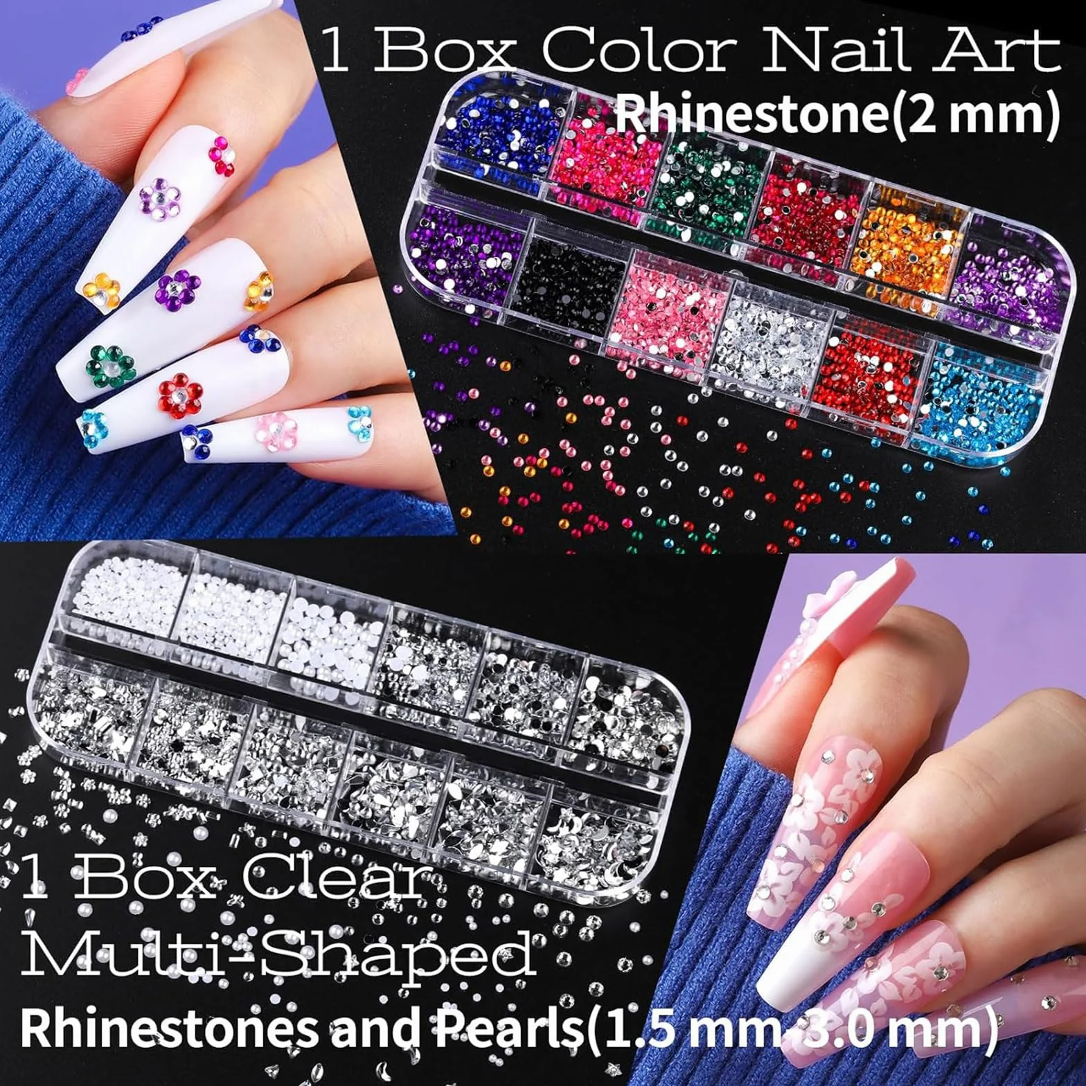 Kit Nail Art avec 5 Boîtes de Charms 3D Strass, 15 Pinceaux, 5 Outils de Pointage, 2 Supports de Vernis