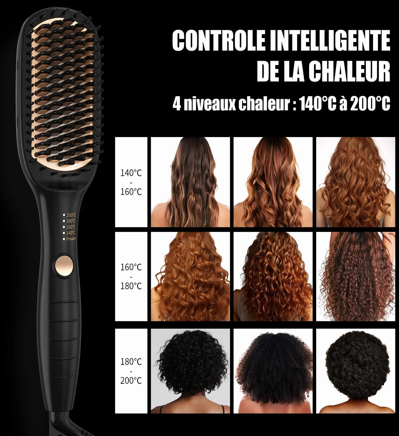 Lisseur Cheveux Professionnel Brosse Lissante 4 Températures 140-200°C Ions Négatifs Or