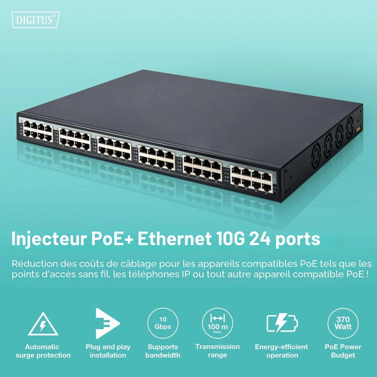 DIGITUS PoE+ Injecteur - 24 ports - IEEE802.3at - 10 Gbit/s - rack 19 pouces - 370 Watt total - jusqu'à 30 Watt/port