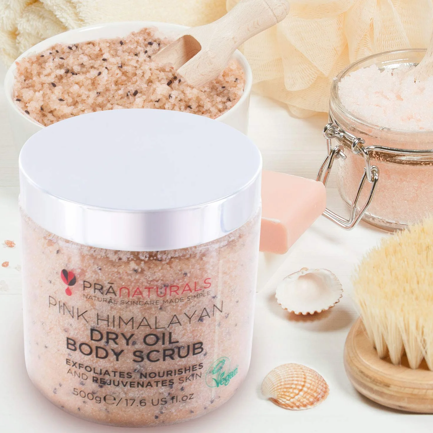 PraNaturals Gommage Corporel au Sel Rose de l'Himalaya 500g - Riche en Minéraux & Vitamines, Élimine Cellules Mortes, Revitalise