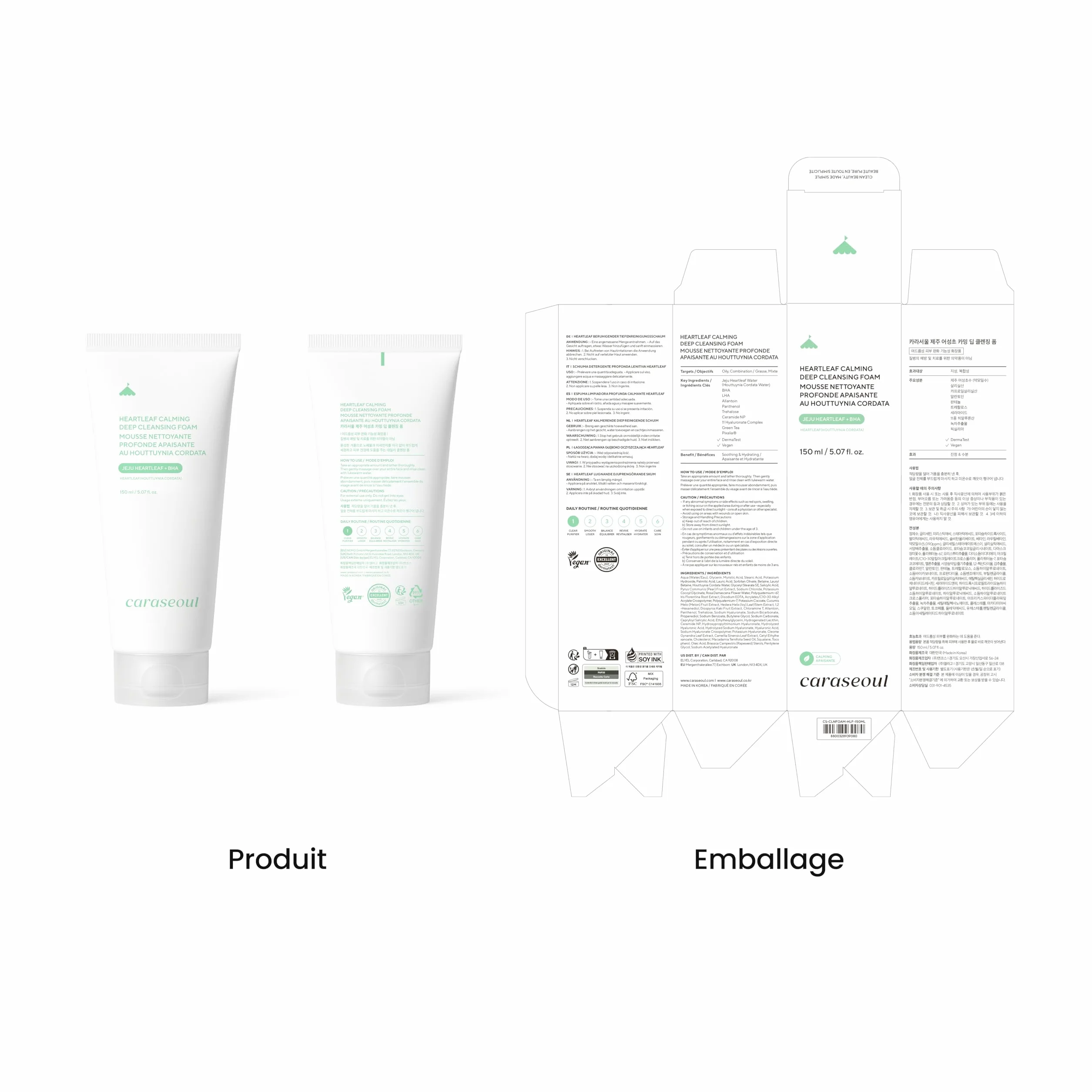 Caraseoul Heartleaf Mousse Nettoyante Apaisante Profonde, Nettoyant Visage pour Double Nettoyage, Acide Hyaluronique & BHA, 150ml