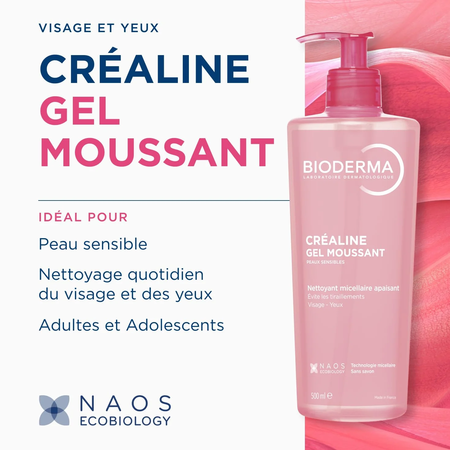 BIODERMA Sensibio Gel Moussant Micellaire 500 ml - Nettoyant apaisant pour peaux sensibles