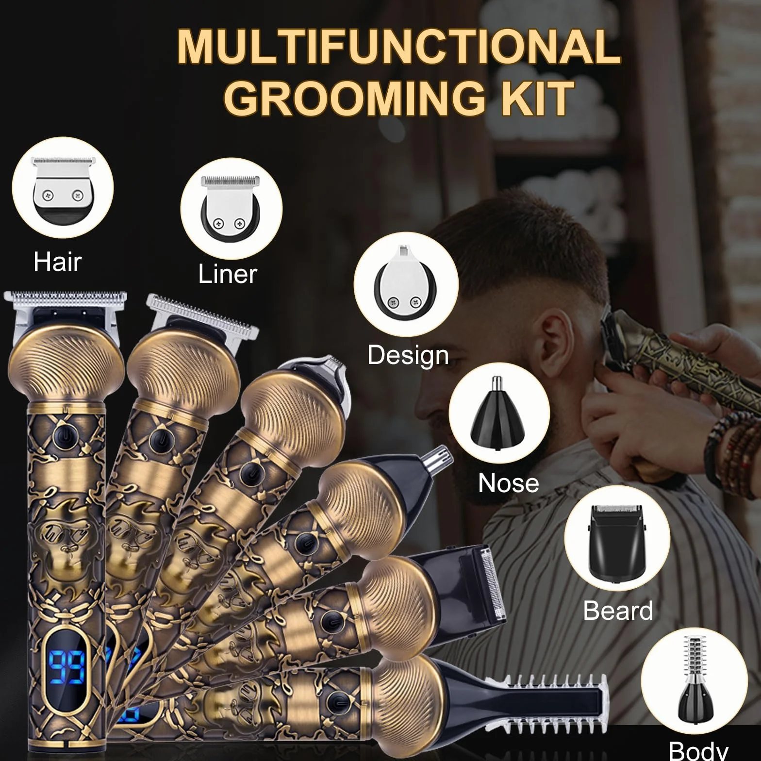 Tondeuse Barbe Homme Sans Fil Rechargeable Lame en T Rasoir Electrique Kit Multi-Usage Tailler Contour Nez Corps