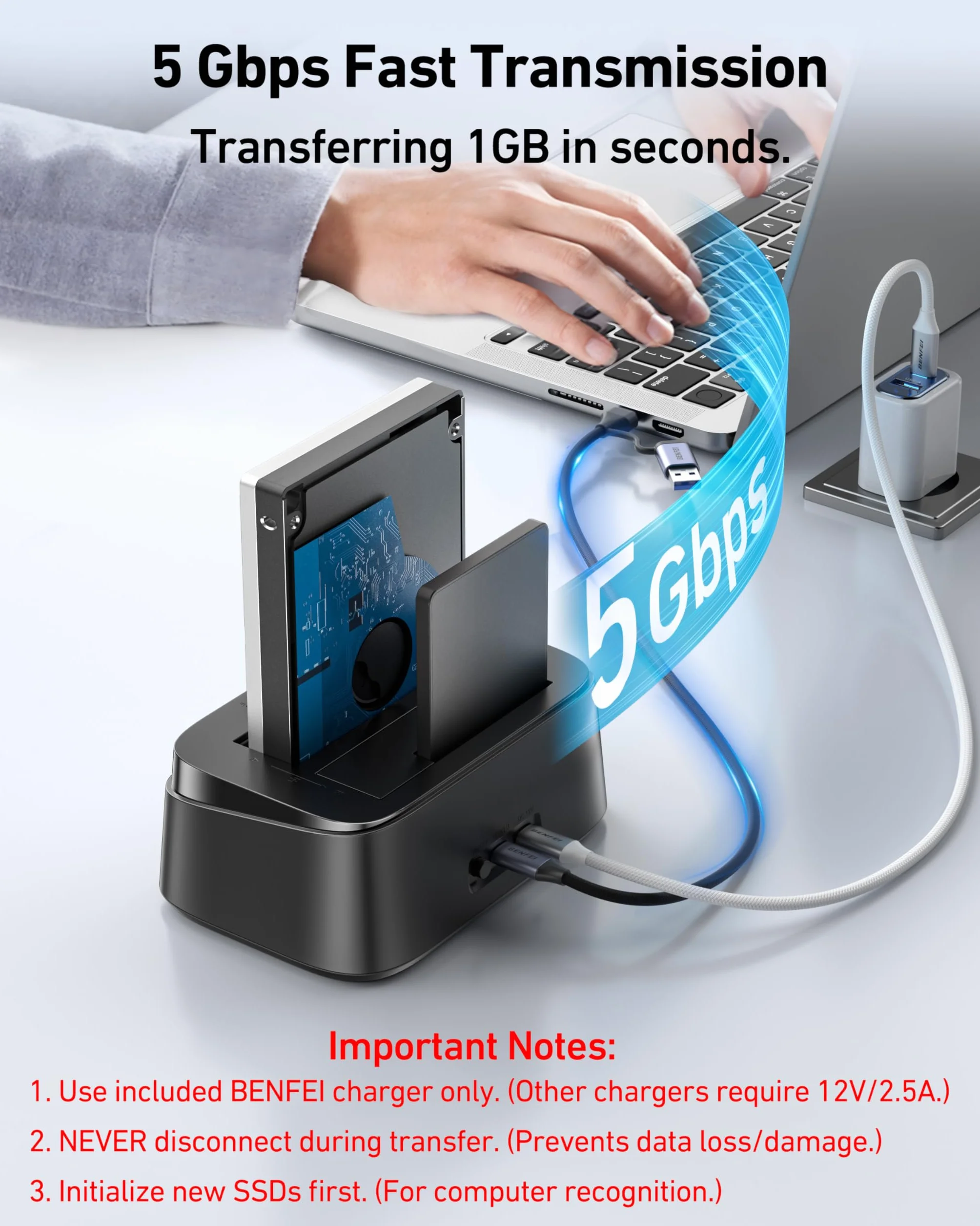 BENFEI Station d'accueil pour Disques Durs avec Clonage Hors Ligne, Dock Double Baie USB-C pour HDD/SSD 2.5/3.5", 5 Gbit/s