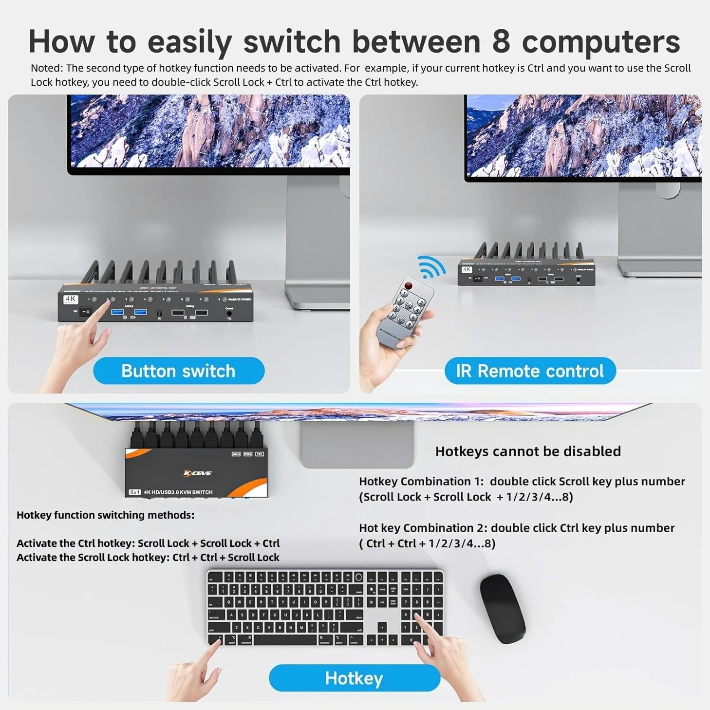 Commutateur KVM HDMI 8 ordinateurs et 1 moniteur, commutateur KVM USB 3.0 avec prise en charge 4K @ 60 Hz pour 8 PC avec clavier et souris communs, compatible avec Windows/Linux/Mac, etc