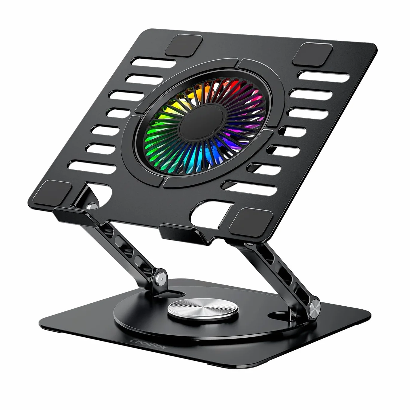 Support portable avec ventilateur silencieux RGB 11 cm pour ordinateur portable, base réglable hauteur rotation 360°