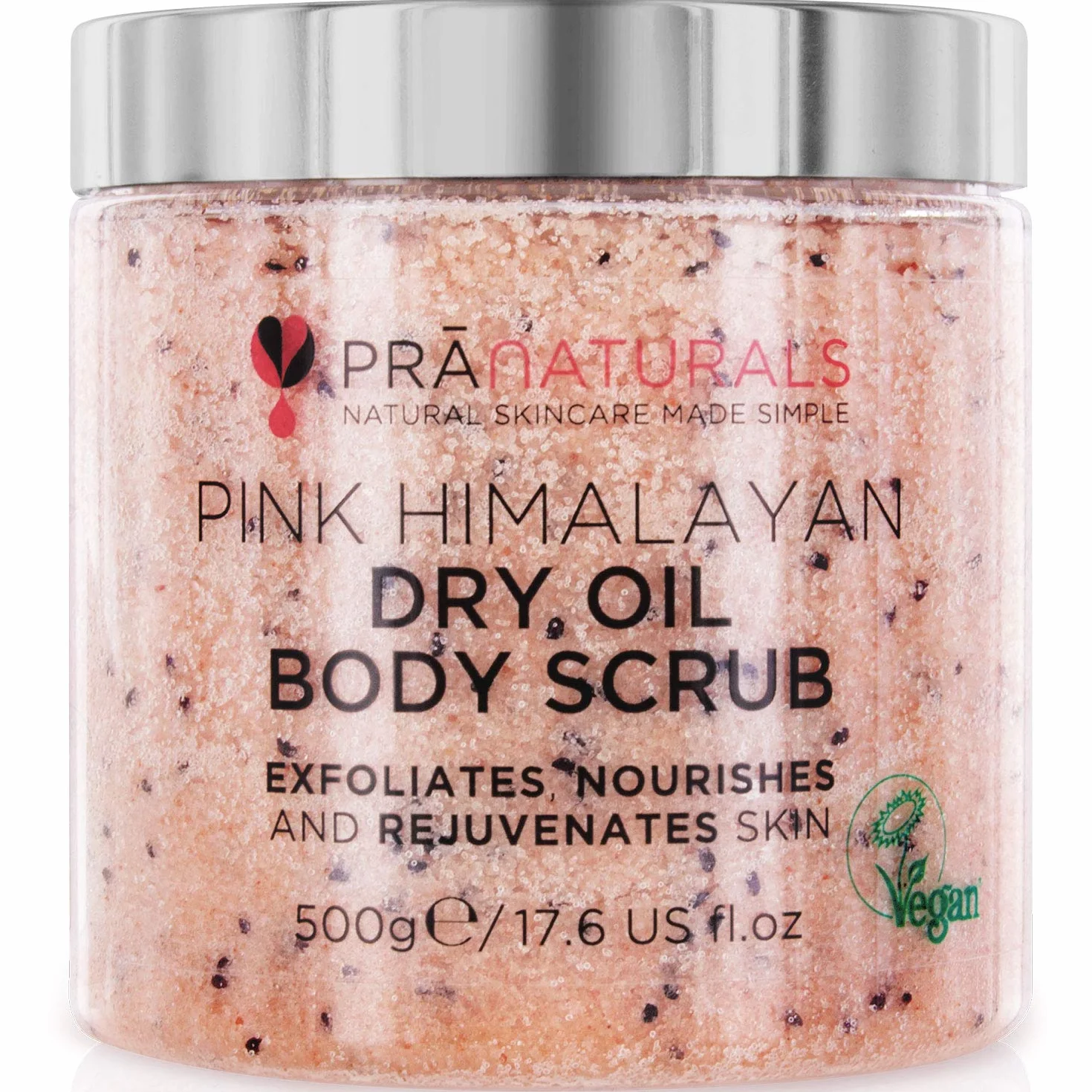 PraNaturals Gommage Corporel au Sel Rose de l'Himalaya 500g - Riche en Minéraux & Vitamines, Élimine Cellules Mortes, Revitalise