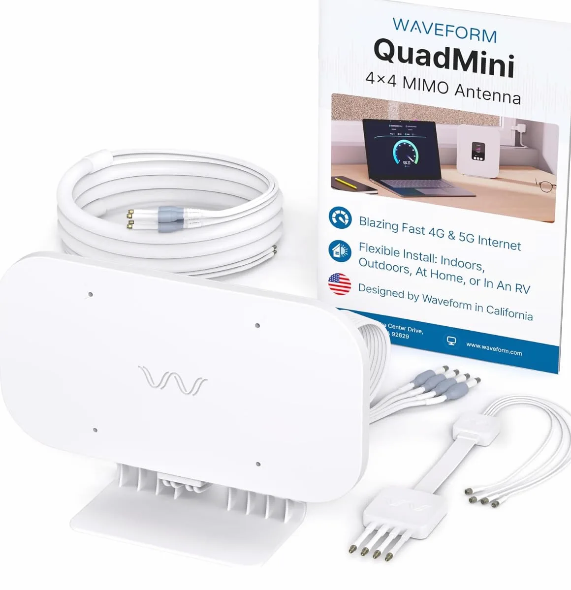 Waveform QuadMini Antenne externe MIMO 4x4 | Antenne omnidirectionnelle pour routeurs et passerelles 4G/5G | pour Internet T-Mobile Home, Verizon, AT&T | Kit complet avec câble de 3 m et entrée