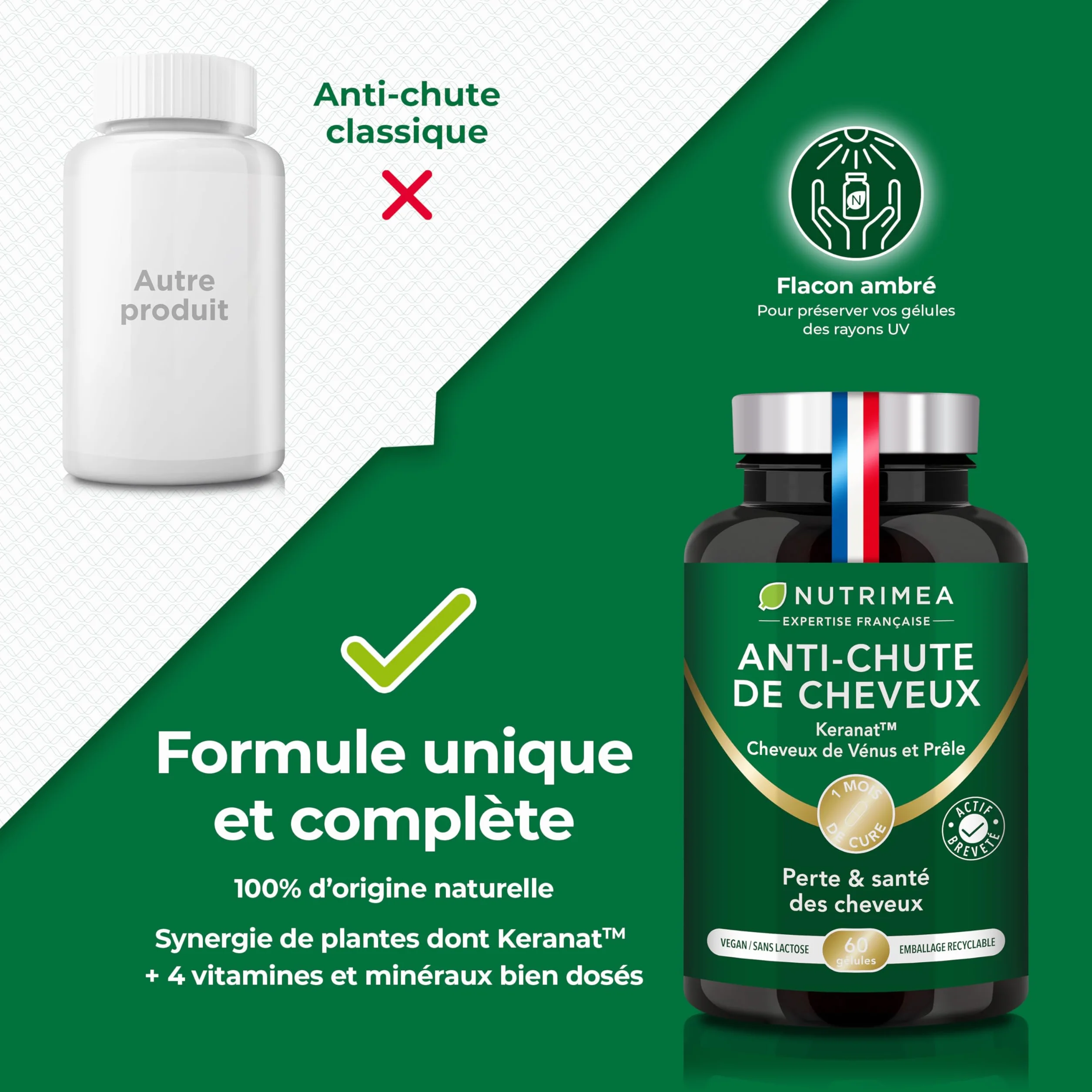 Nutrimea ANTI CHUTE DE CHEVEUX Pousse Fortification Cheveux Kéranat™ 60 Gélules Fabrication Française
