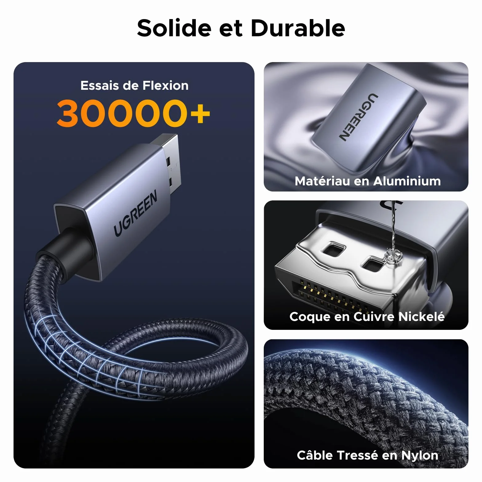 UGREEN Adaptateur DisplayPort vers HDMI 4K 30Hz 2K 60Hz Convertisseur DP Mâle vers HDMI Femelle Nylon Tressé
