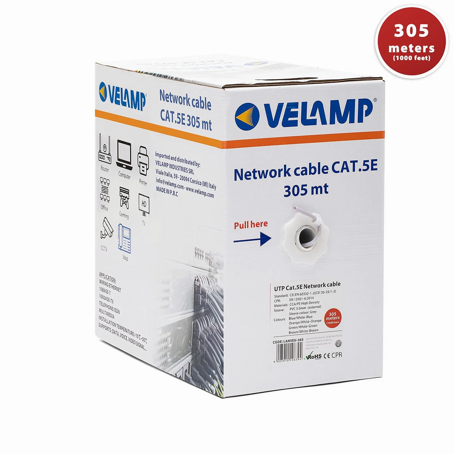 Velamp Câble Ethernet 305m, Câble Reseau LAN, Câble Ethernet Cat5E Haut Debit Pour Internet Rapide, Câble en Vrac UTP CCA, Certifié CPR (Eca)
