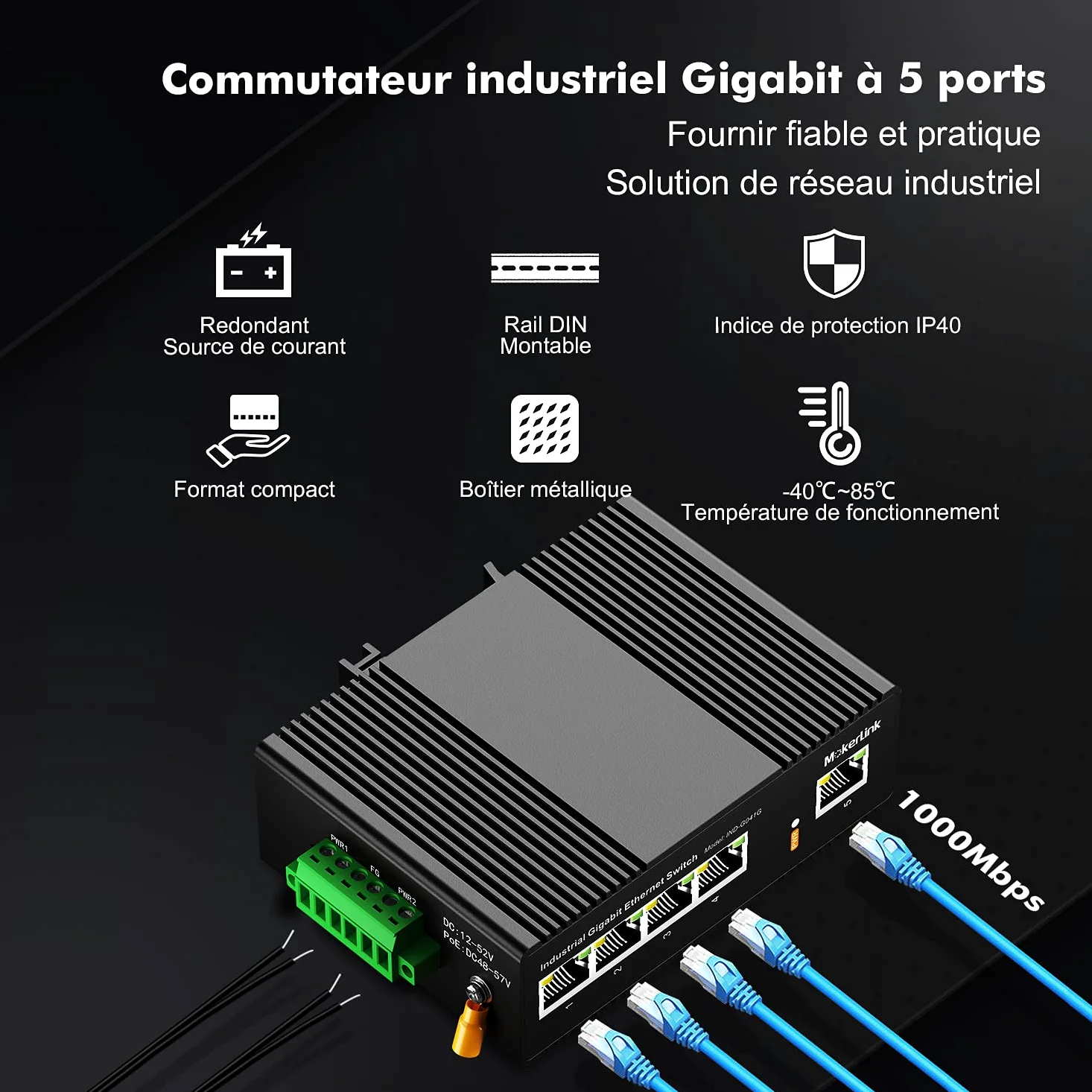 mokerlink 5 Ports Gigabit Ethernet Switch Industriel sur Rail DIN, Capacité de Commutation de 14 Gbit/s, Commutateur Réseau Non Géré Classé IP40 (-40 à 185°F), avec Alimentation