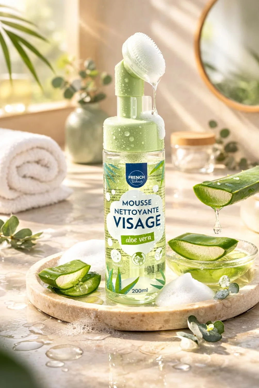 Mousse Nettoyante Visage Aloe Vera 200ml Brosse Intégrée Nettoie Démaquille Purifie