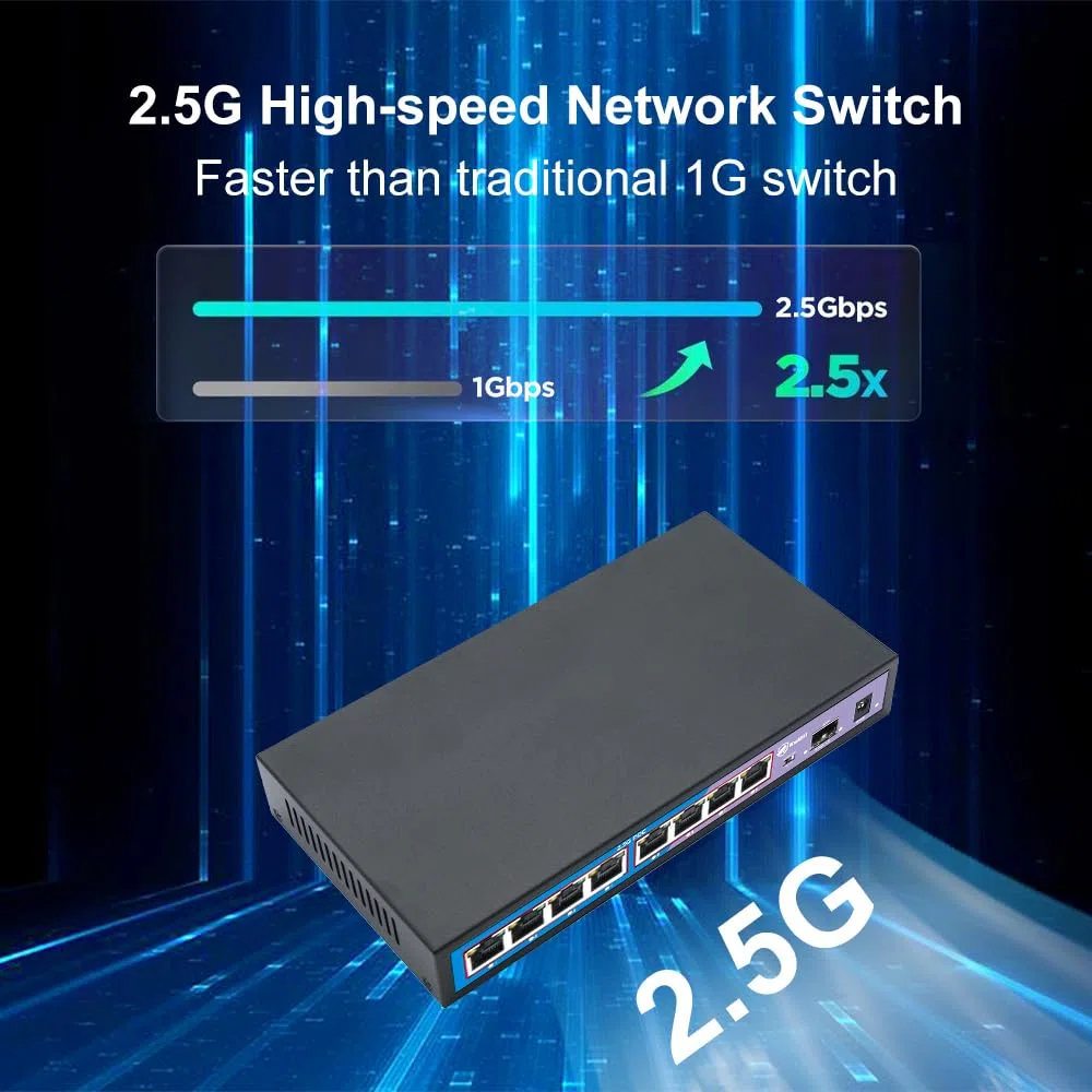KuWFi HG0801-P 2.5 Gigabit Ethernet Switch 8 Ports PoE, 1 SFP 10G Port, 60Gbps, Plug & Play, Desktop Or Wall Mount, Ideal for WiFi IP/AP Monitoring, Office, School, Hospital