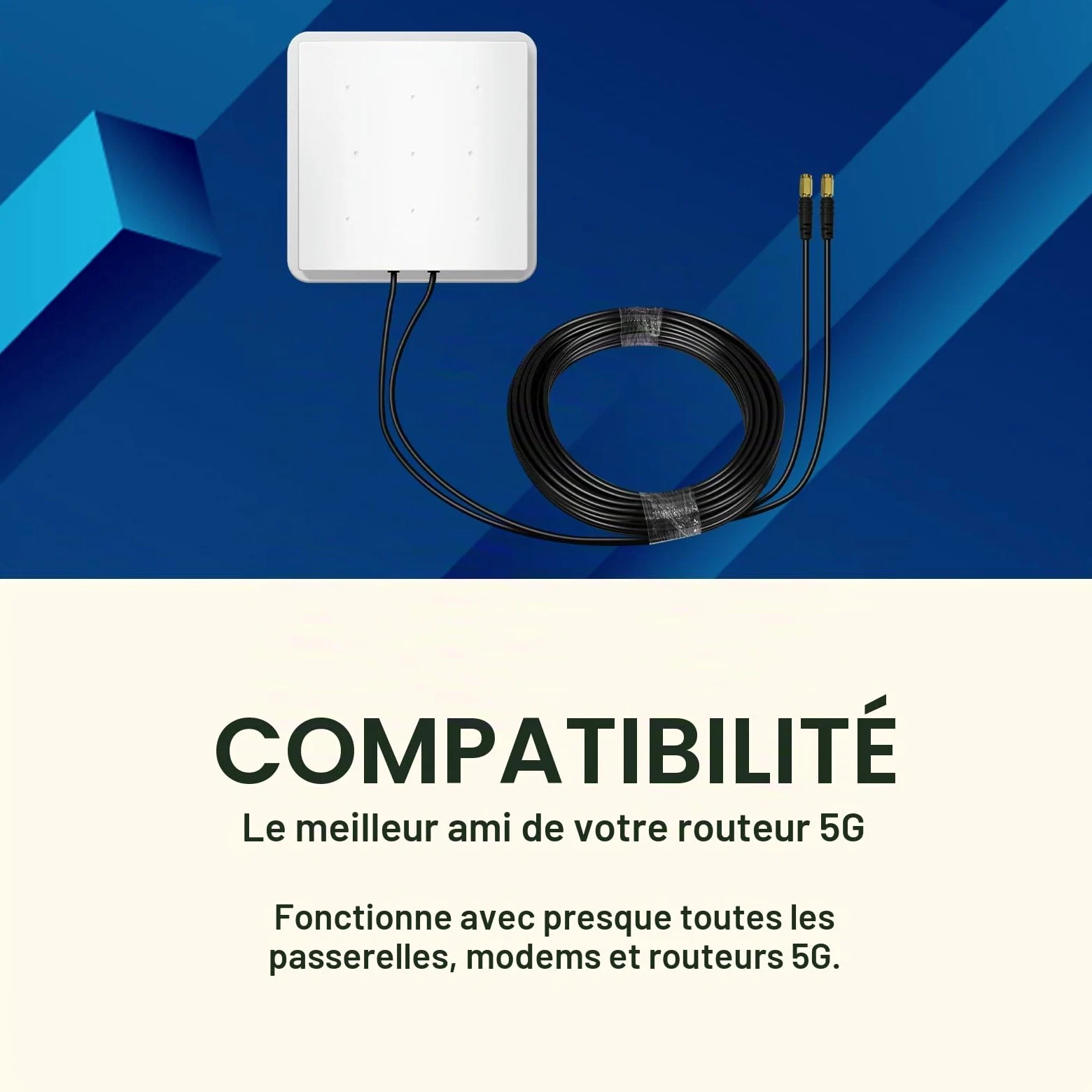 Antenne 5G Exterieure 4G WiFi Dual-Polarisation 14dBi LTE 698-2700/3300-3800 MHz MIMO Directionnelle SMA/2xTS9, Câble 10m, 3G/4G/5G/GSM/GPRS - Blanc