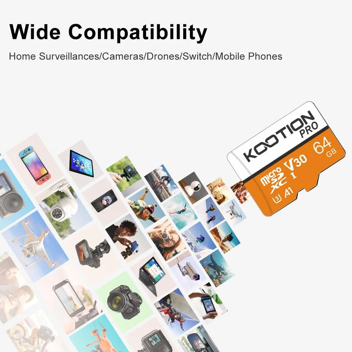 KOOTION Carte SD 64 Go Micro SD UHS-I A1 V30 U3 90 Mo/s TF SDXC