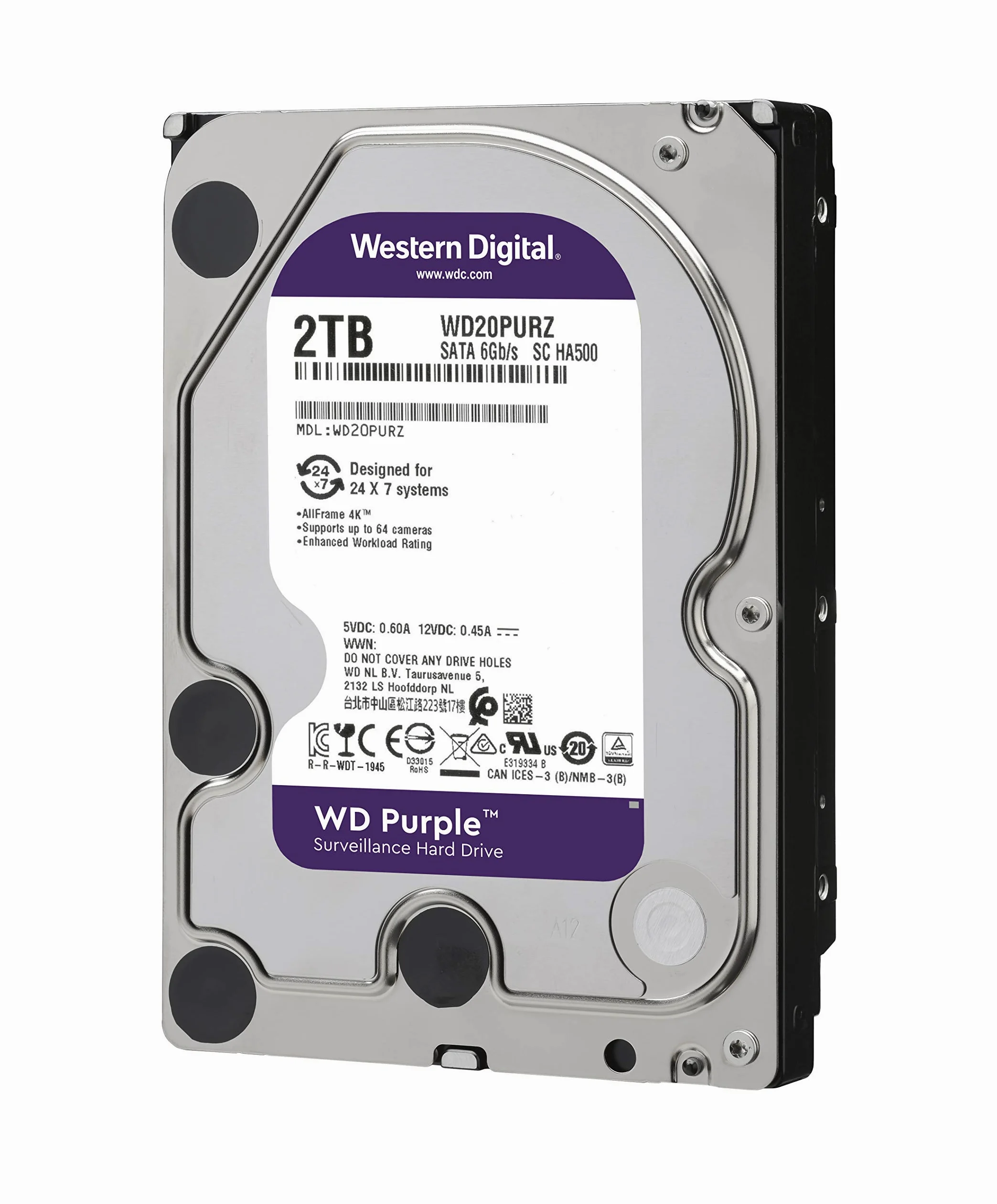 Western Digital - WD Purple 2To - Disque dur interne pour la vidéo surveillance avec technologie Allframe 4K™ - 3.5" SATA 6 Go/s, 180To/an, 64Mo Cache, 5400rpm - WD20PURZ