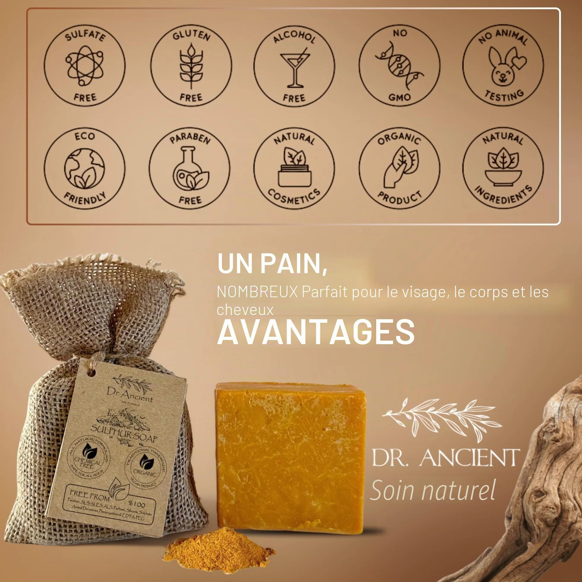 Dr.Ancient Savon au soufre bio naturel végétalien fait à la main antique