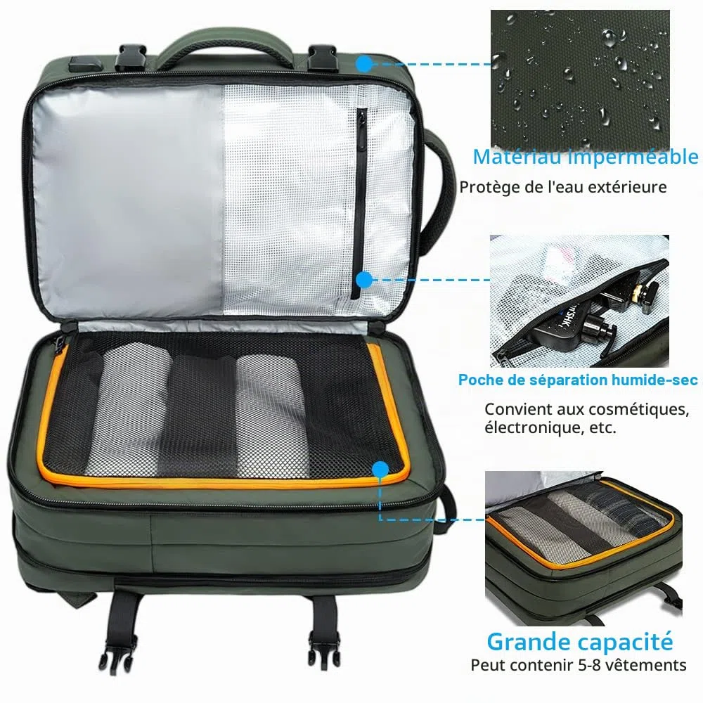 BANGE Sac à dos de voyage extensible de 35 l pour homme et femme, approuvé par les compagnies aériennes, sac à dos de sport imperméable pour ordinateur portable