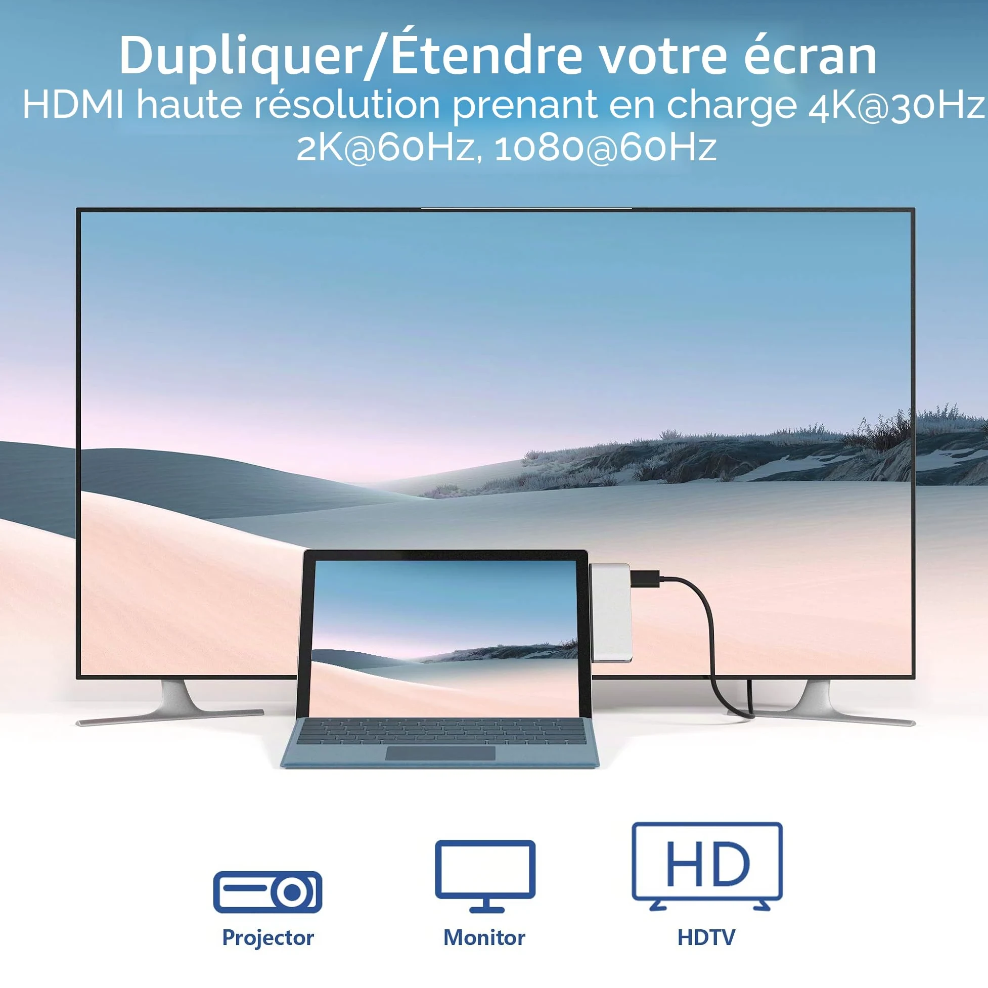 Surface Pro 7 Hub Docking Station with 4K HDMI Adapter, 100M Ethernet LAN, 2 USB 3.0 Audio & Data Transfer Port, SD Card Reader Converter Combo Adaptateur pour Microsoft Surface Pro 7