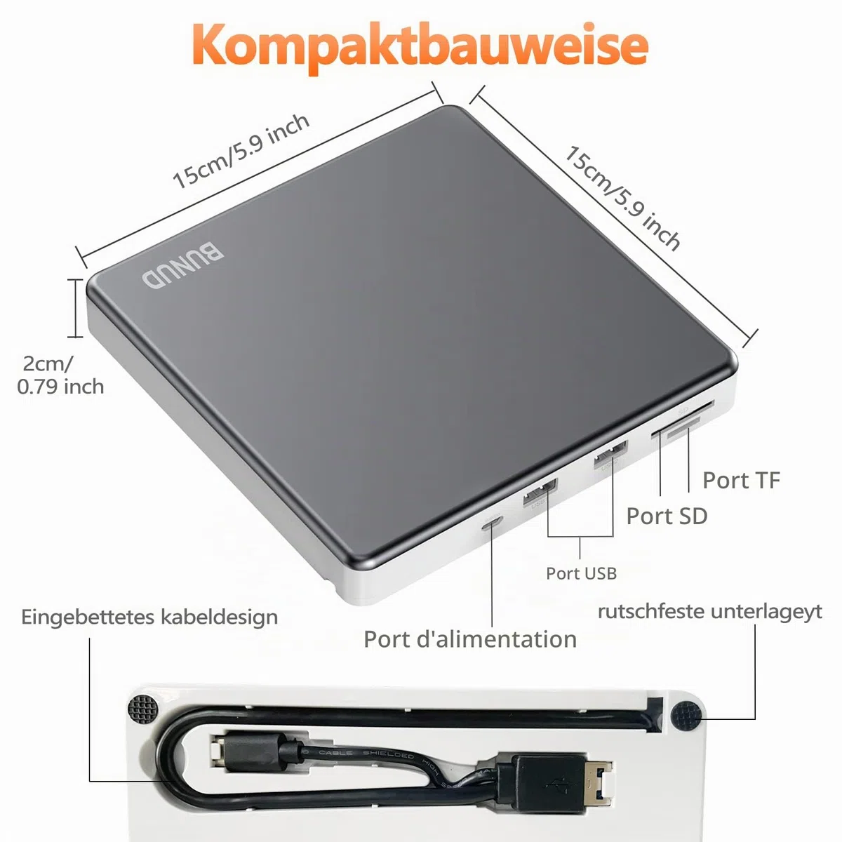 Lecteur externe Blu-ray CD DVD USB 3.0 & Type-C Graveur CD/DVD Blu-ray 2 ports USB & SD/TF Compatible PC Portable Windows 11/10 Mac MacBook