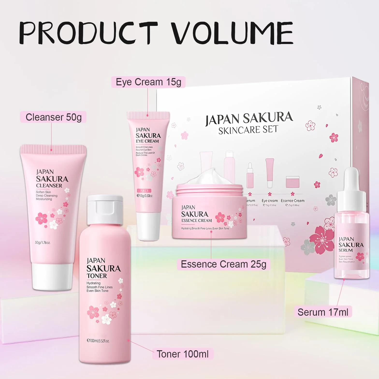 Sakura Ensemble de Soins du Visage 5 Pièces, Nettoyant, Toner, Contour Yeux, Sérum, Crème