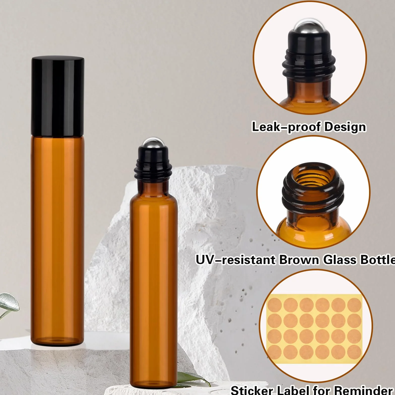 Flacon Roll on Huiles Essentielles 10 ml Marron Bouteilles à Rouleaux Bille en Acier Inoxydable pour Aromathérapie