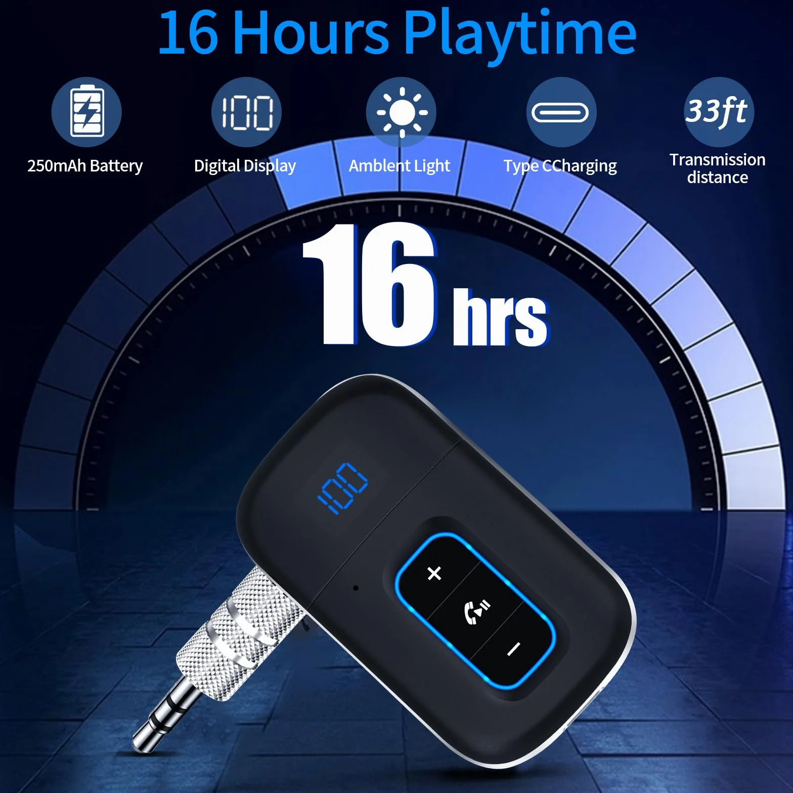 Vemfay Récepteur Bluetooth Voiture Jack Adaptateur Aux Bluetooth 5.3, Appel Main Libre, Dual Connexion, 16H d'Autonomie
