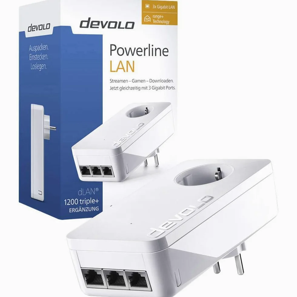 Devolo dLAN 1200 Triple+ Adaptateur Powerline, 1200 Mbit/s LAN sur la Prise, 3 Ports Gigabit, 1 Adaptateur dLAN, Prise intégrée, Adaptateur réseau PLC, Blanc