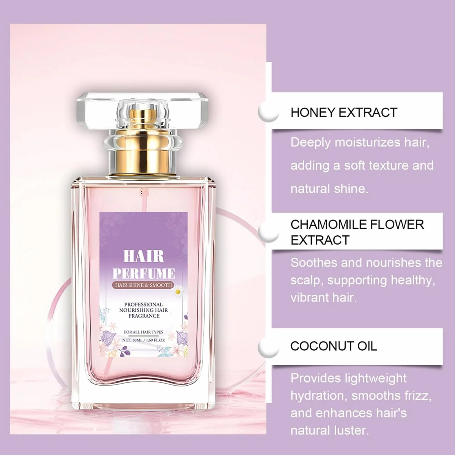 Brume capillaire anti-frisottis nourrissant huiles essentielles phéromones parfum longue durée femme