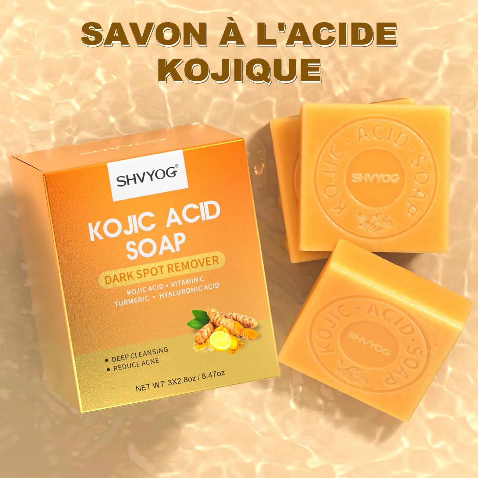 Savon à l'Acide Kojique et Curcuma, Savonnette 3x80g pour Points Noirs, Acné et Taches Foncées