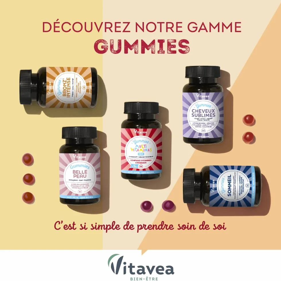 Vitavea Gummies Cheveux Sublimes Biotine Levure de Bière Kératine Zinc Collagène Anti-Chute Brillance 40 Gummies Fruits Rouges