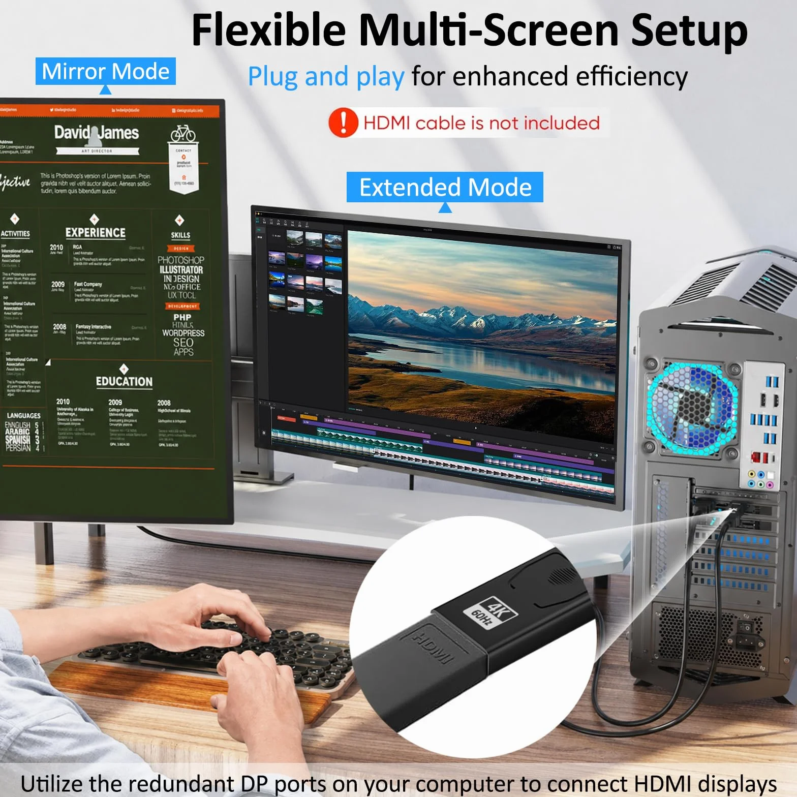 Adaptateur DisplayPort vers HDMI 4K@60Hz, 2 pièces Compatible Dell HP HDTV