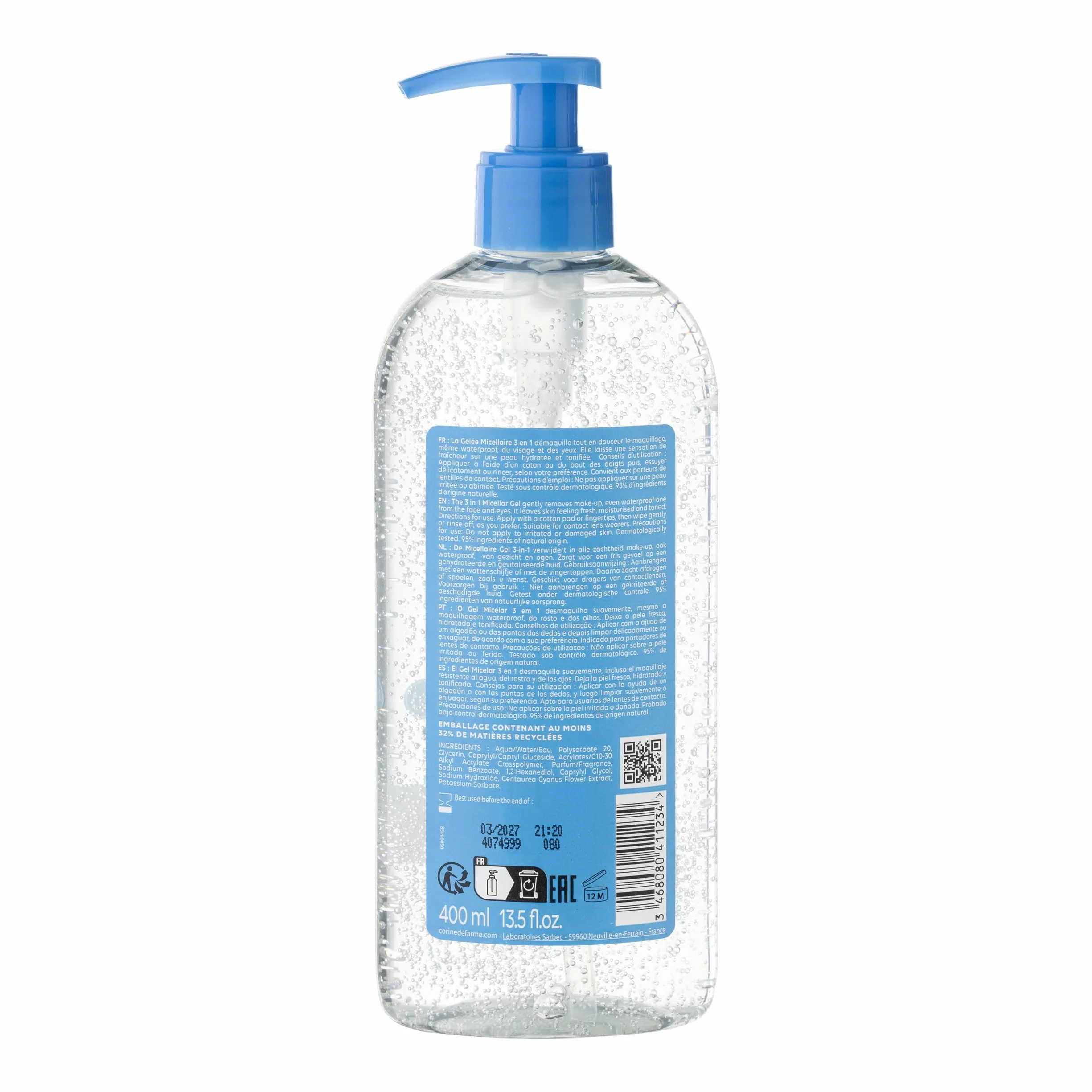 Corine de Farme Gelée Micellaire 3 en 1 Démaquillante Visage Yeux Lèvres 400 ml
