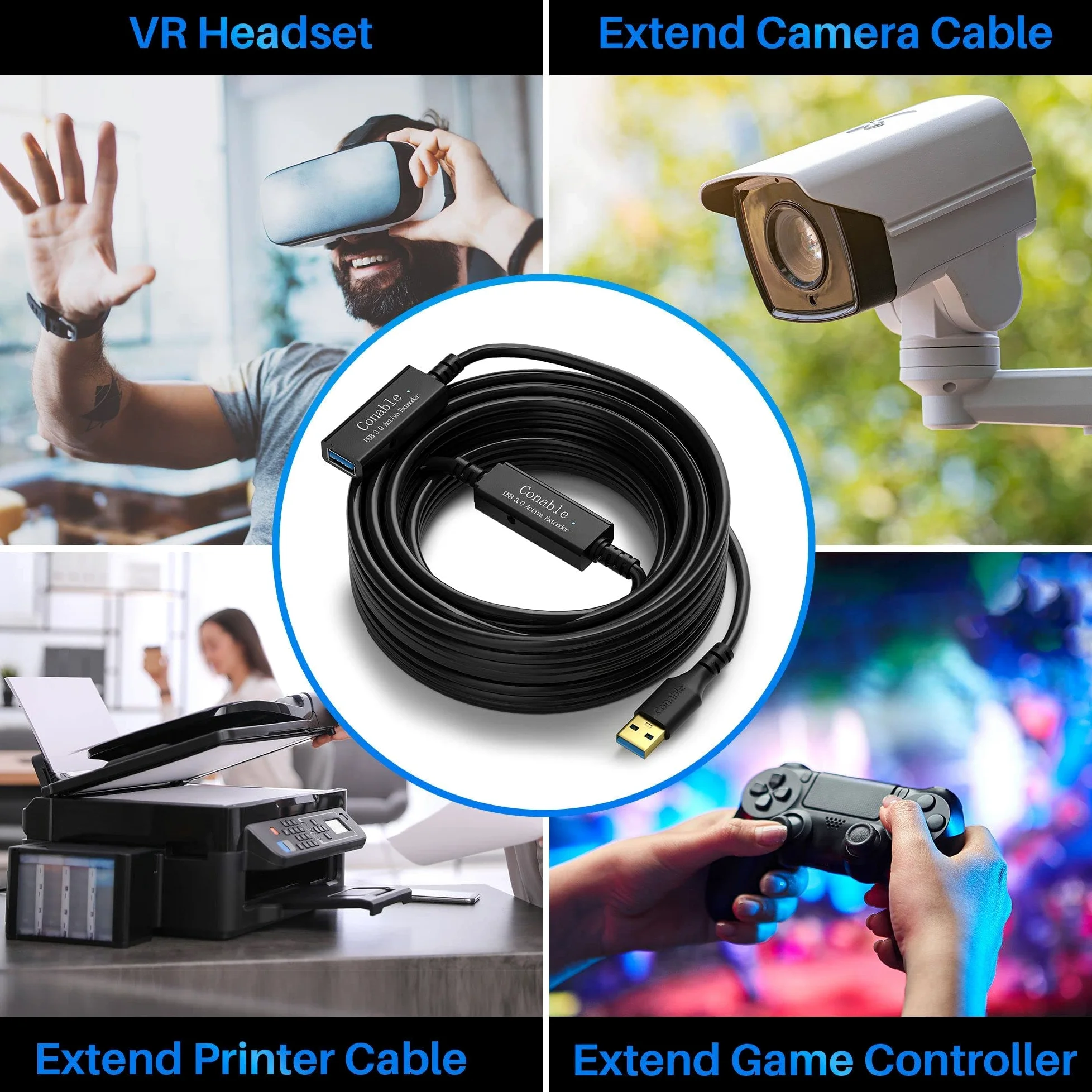 Conable Câble d'extension répéteur actif USB 3.0 de 12,7 m mâle vers femelle (6,1 m à 30,5 m) 5 Gpbs - Puce intelligente de transfert de signal avec 5 attaches Velcro