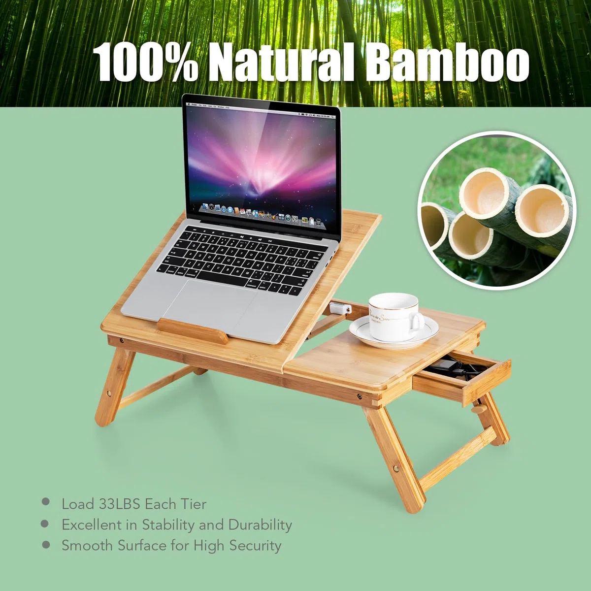 LIFEZEAL Table de Lit Pliable en Bambou, Plateau Inclinable, Hauteur Réglable, Support Ordinateur Portable Avec Trous de Refroidissement, Tiroir, 53x33x20-26,5 cm, Naturel