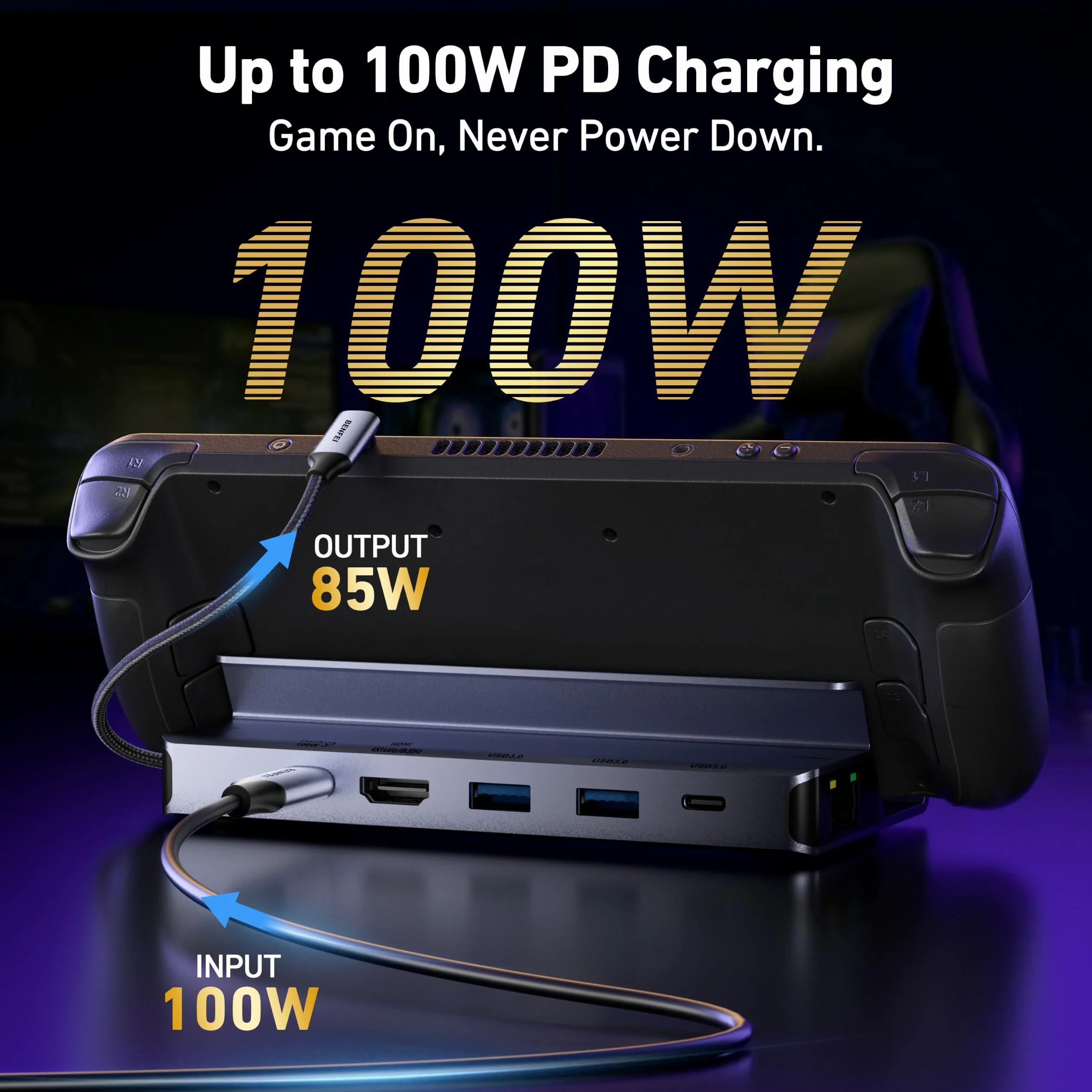 BENFEI Steam Deck Dock,Station d’Accueil 6-en-1 pour Steam Deck (OLED) et ROG Ally, Hub USB-C avec HDMI 8K@30Hz, 4K@144Hz, Ethernet Gigabit, 3 Ports de données (2X USB 3.0 + 1x USB-C), Charge PD 100W
