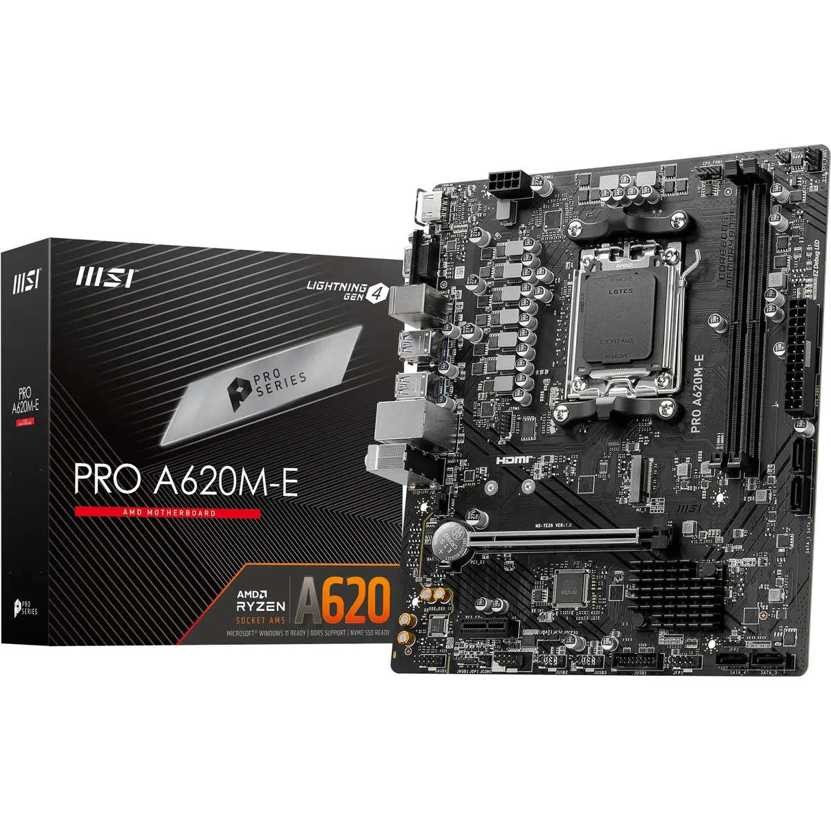 MSI Pro A620M-E Carte Mère Micro-ATX, pour Processeurs AMD Ryzen Série 7000, AM5 - DDR5 Memory Boost 6400+MHz/OC, 1 x PCIe 4.0 x16, 1 x M.2 Gen4