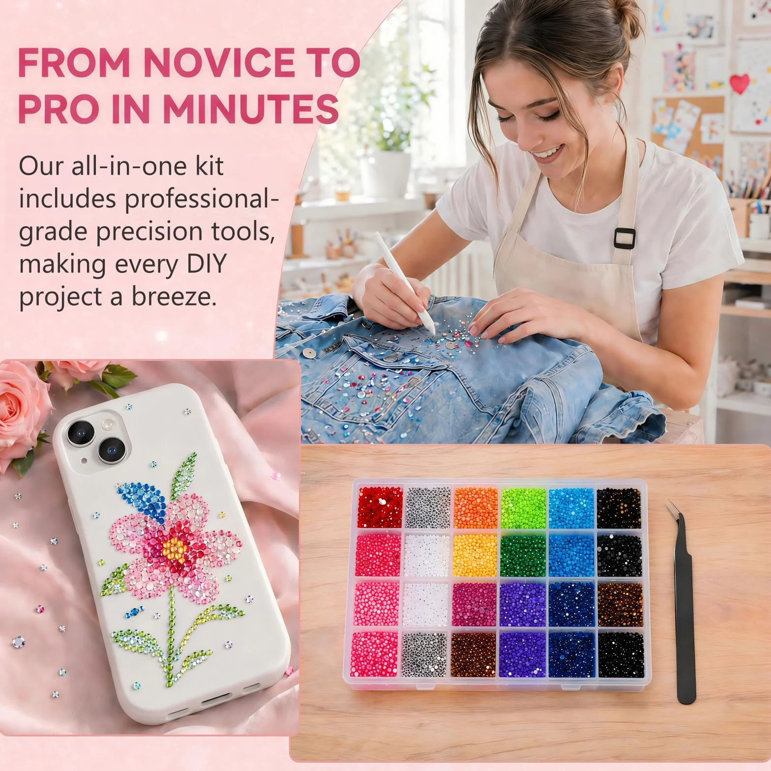 24 Couleurs 3mm Strass Ongle Nail Art, 20000+ Pcs Bedazzling Kit avec Pince à Épiler, Stylo à Pointiller, Rhinestone pour DIY