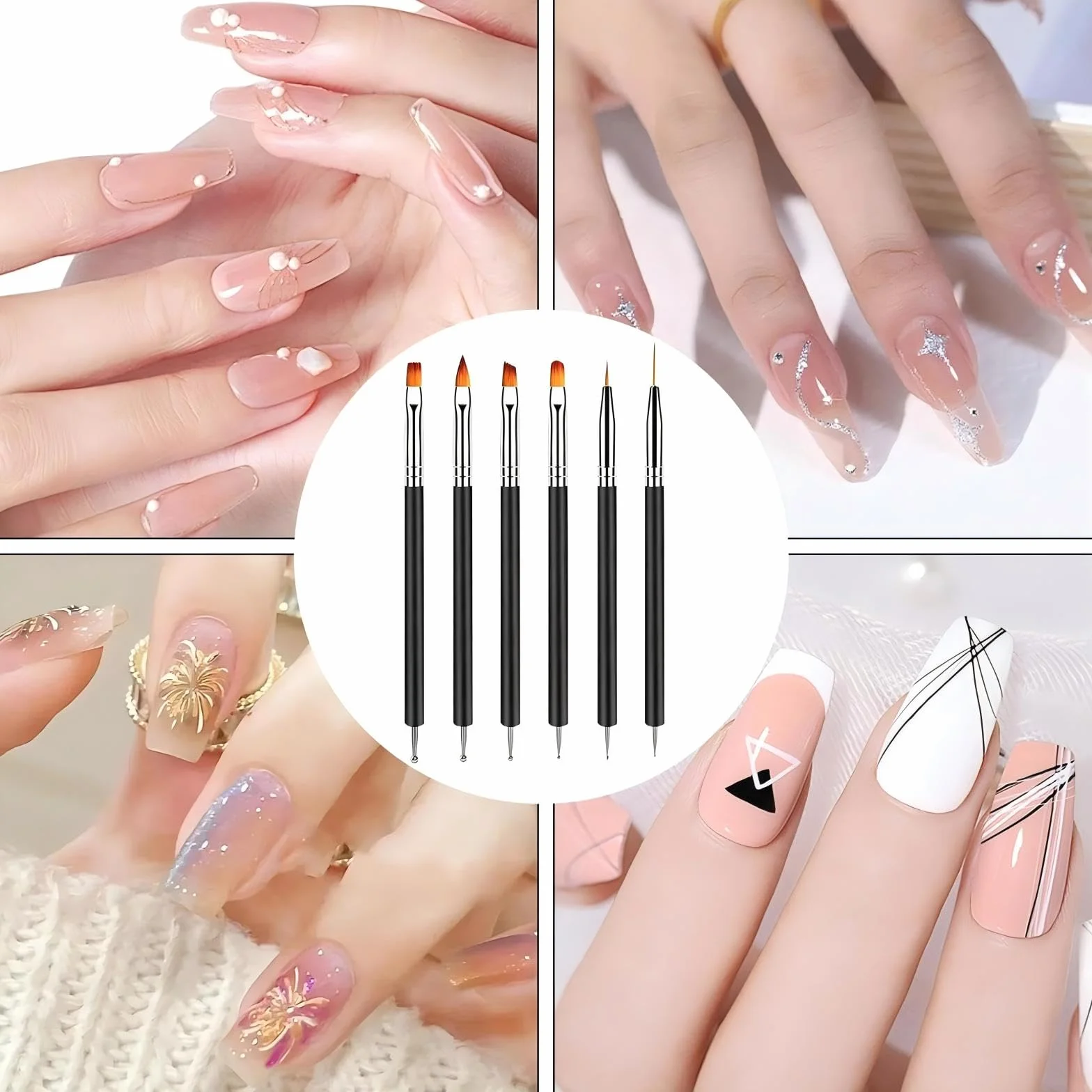 Kit de Manucure Nail Art avec 6 Pinceaux et 6 Stylos à Pointes Doubles (Noir)