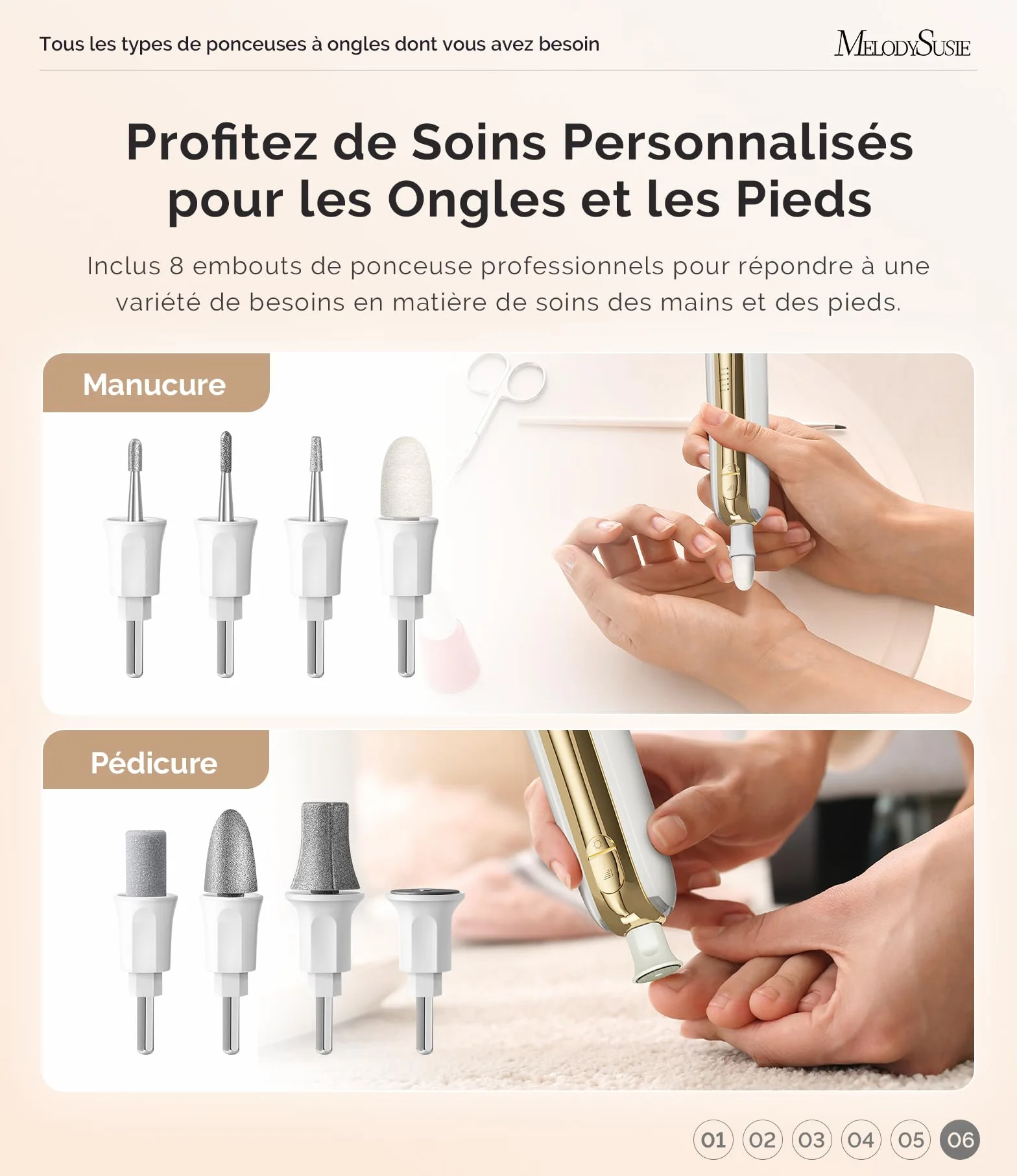 MelodySusie Ponceuse pour Ongles PC760G Kit Manucure Pédicure LED 360° 5 Vitesses Rechargeable Sans Fil Blanc&Or
